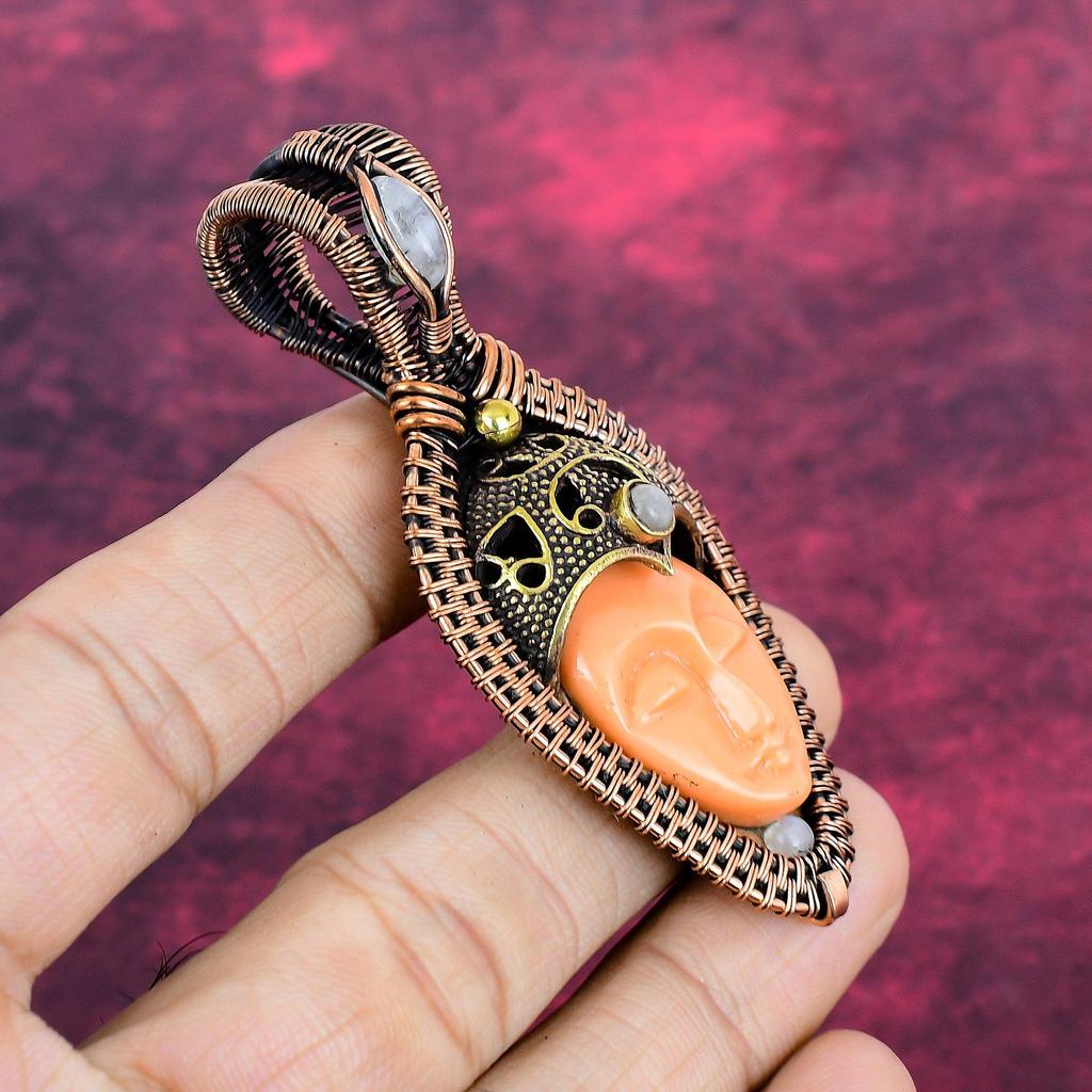 Orange Carved Bone Face Pendant Copper Wire Wrapped Rainbow Moonstone Pendant