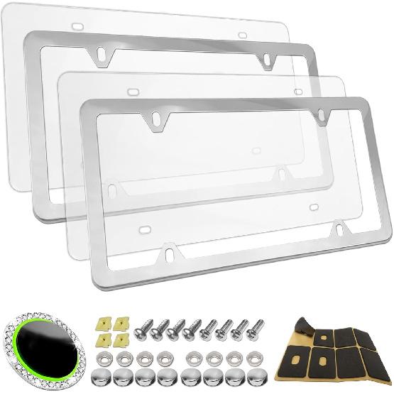 Clear License Plate Frames Covers- 2 Pack Flat Car Tag Protector And Stainless Steel Chrome Holder, Road Legal Unbreakable Acrylic Protective Shield