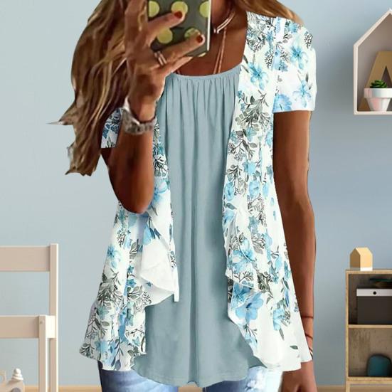 Women Shirt Casual Round Neck Short Sleeve Bohemian Style Printing Oversized