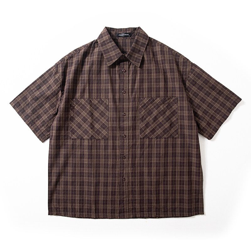 Artistic Plaid Shirt for Men, New Summer Style, Washed Pure Cotton Short-Sleeve, Trendy Brand, Loose Fit, Large Size Casual Shirt