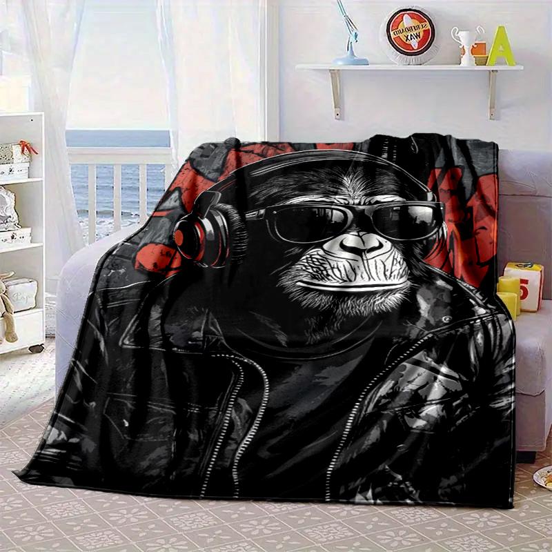 Monkey Music Headphones Blanket Flannel Blanket for bed, sofa, Camping, Hiking, Picnic Essentials, gift for family Fan gifts