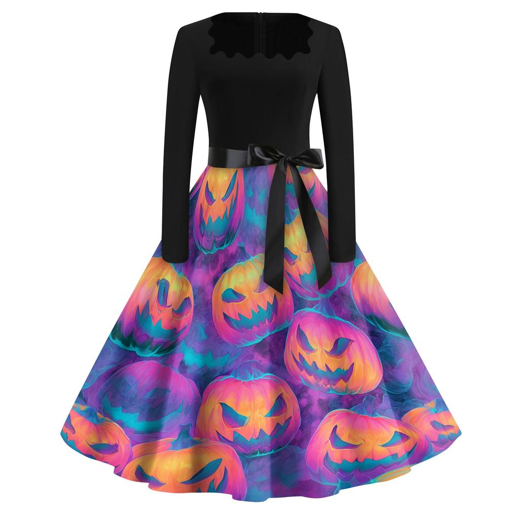 Women's Square Neck Retro Dress with Halloween Print for Casual Parties and Festive Occasions