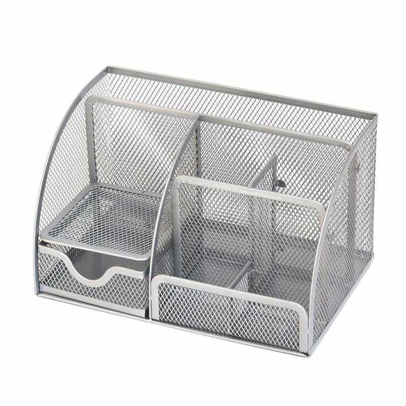 Metal Wire Mesh Pen Holder Organizer 7-Compartment Desktop Storage Students Office Supplies