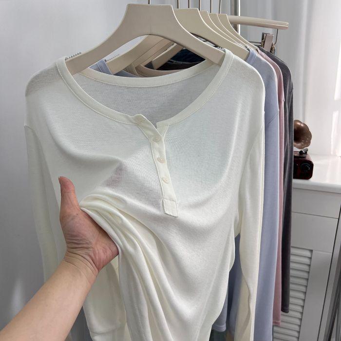 

Cotton 1 * 1 Design Button Long Sleeve T-Shirt Women s Spring and Autumn 2XL