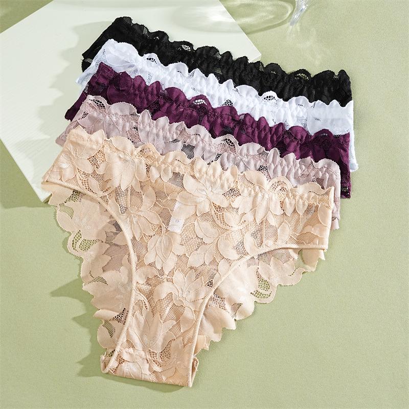 FINETOO 2Pcs Women's Satin Floral Lace Underwear Sexy Hollow Out Panties Solid Low-Waist Perspective Briefs Girls Soft Lingerie