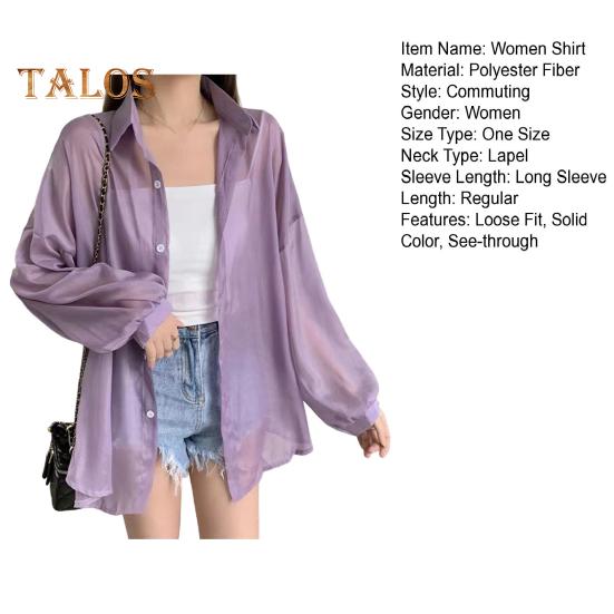 Women Shirt Lapel Long Sleeve Single Breasted Shirt Tops Solid Color Loose Fit See-through Glossy Fabric Sunscreen Thin Shirt