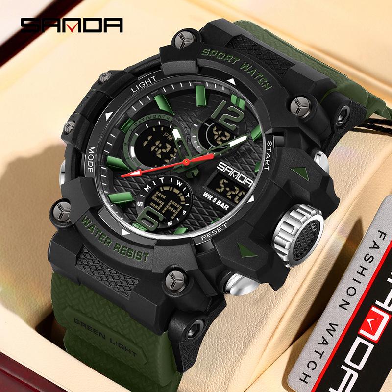 Sanda Dual-Movement Sports Watch with Countdown, Alarm, Night Light, Waterproof, and Multi-Function Features for Students.