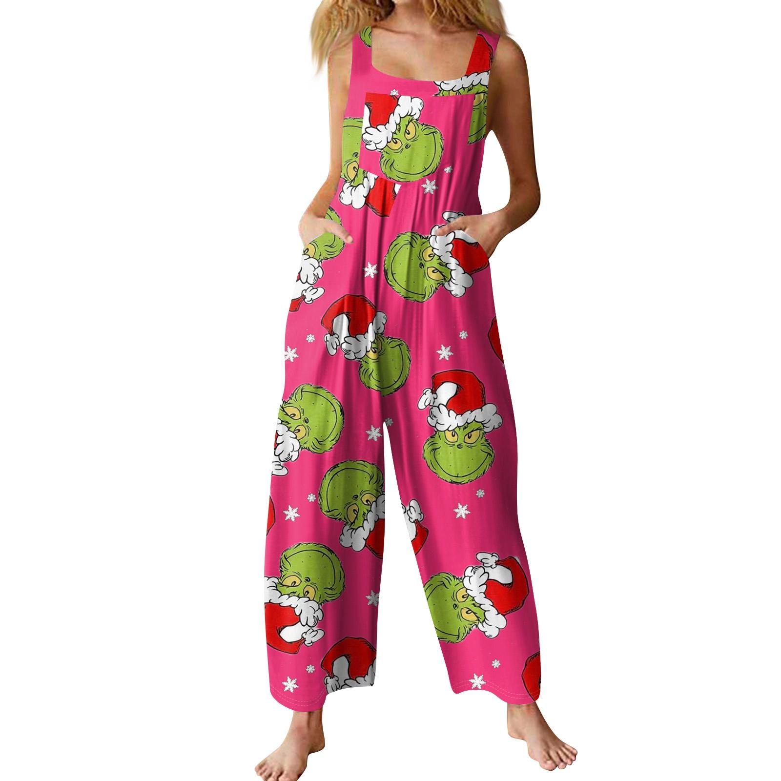 Women s Casual Loose Jumpsuit Christmas Print Wide Leg Jumpsuit Sleeveless With Pockets L