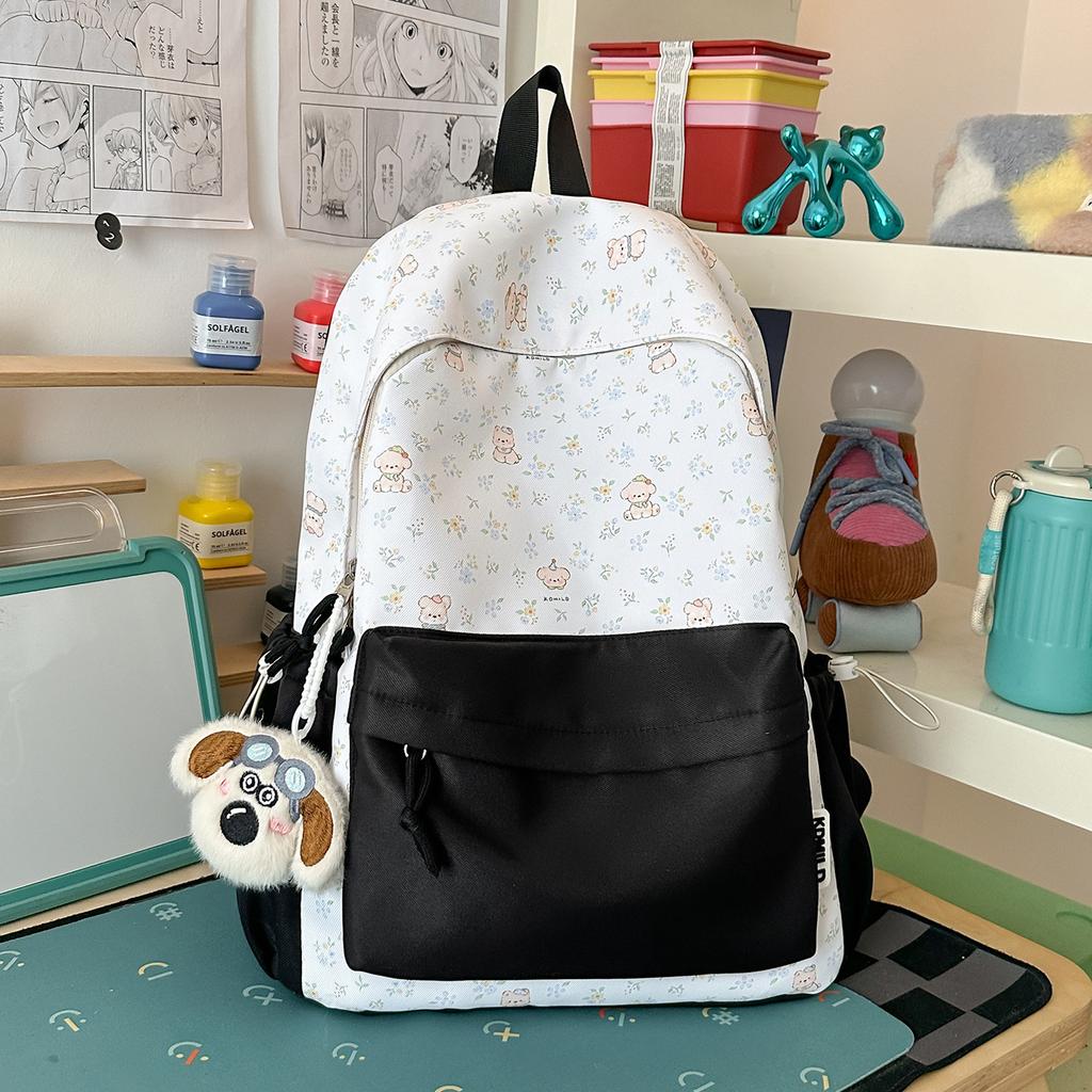 Schoolbag milky white fresh floral cute bear patchwork student backpack for students and healing style gentle bestie travel mini backpack