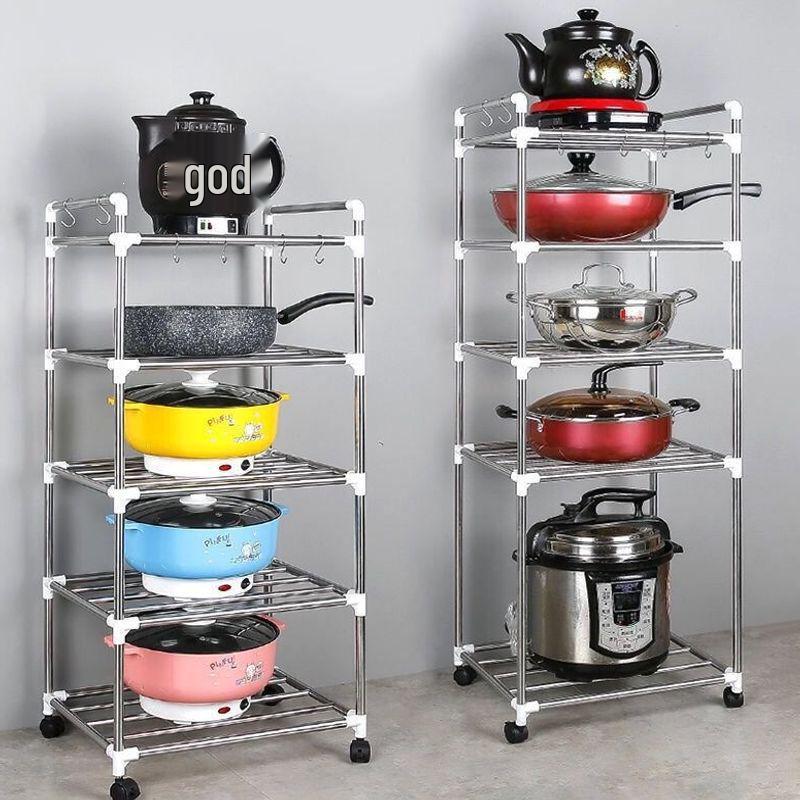 Thick Stainless Steel Multi-Layer Kitchen Pot Rack - Floor-Standing & Multi-Functional Storage Shelf