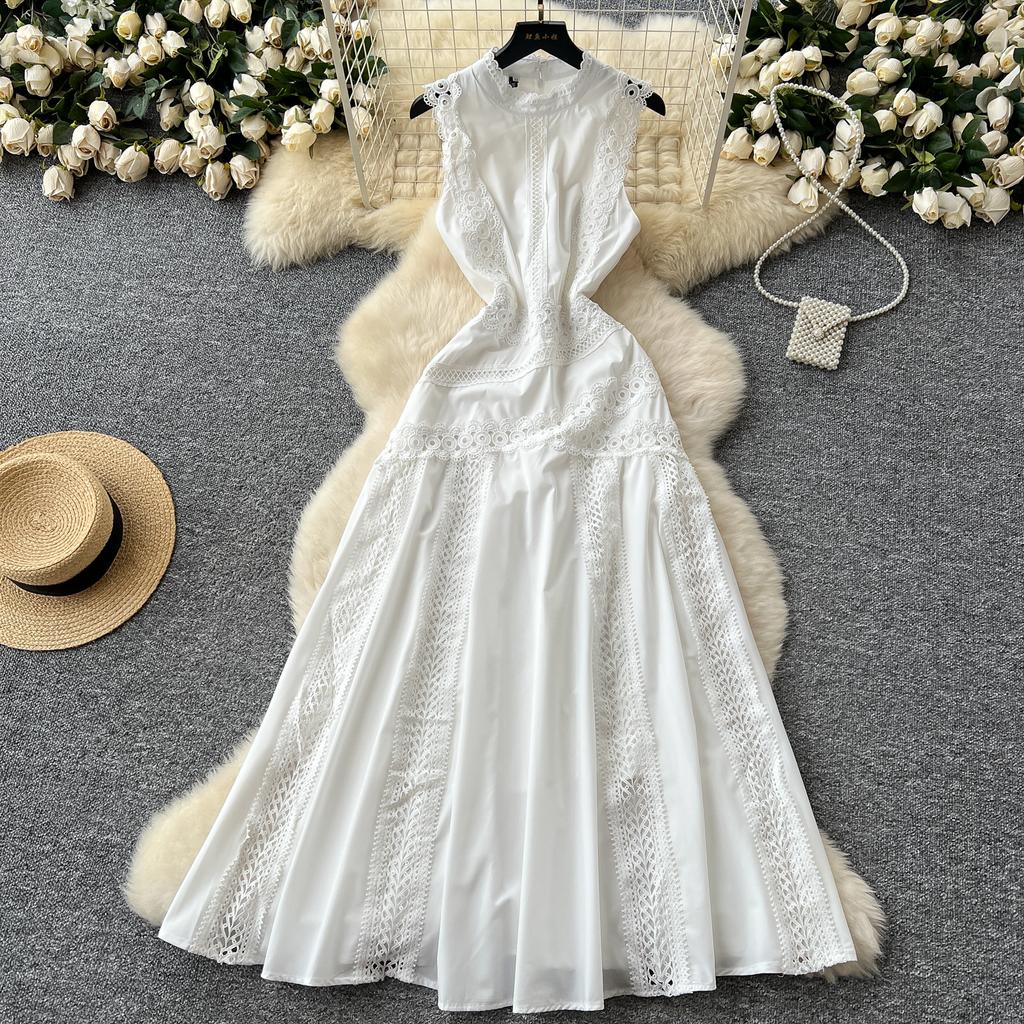 Summer Women Elegant Sleeveless Hollow Out Embroidery Lace Patchwork Long Maxi Slim Party Dresses