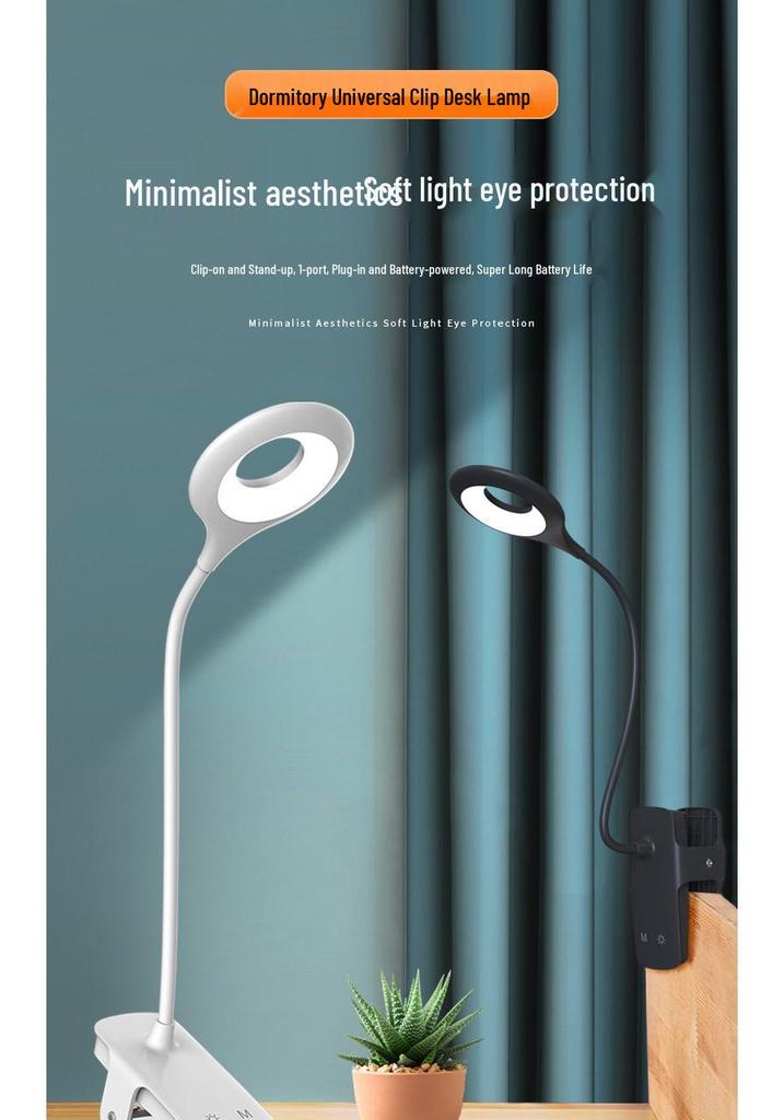 Clip-on Desk Lamp with Long Battery Life, Eye Protection, Dual Charging Options, and Bedside Use