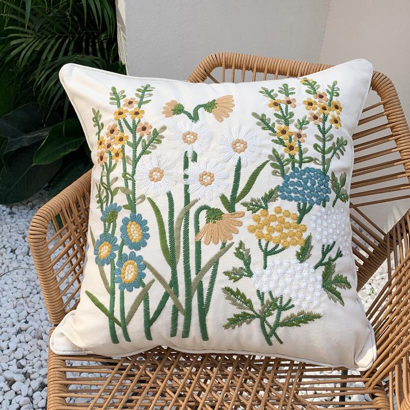 

Embroidered Pillowcase Pastoral Style Ins Home Sofa Pillow Bedside Cushion Office Lumbar Support Removable and Washable 45X45cm [Pillowcase only]