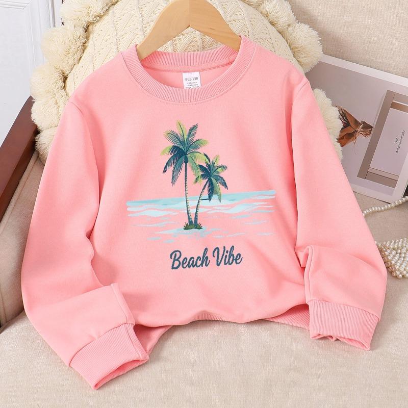Kids Long‑Sleeve Crewneck Sweatshirt, Beach Vibe Palm Trees Ocean Print,Daily Casual Top for Spring & Autumn