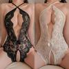 Erotik One Pieces Lingerie Lace Sexy Women's Bodysuit Deep V Open Back Perspective Sex Pearl Pendant With Underwear Jumpsuit