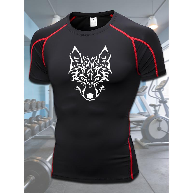Men's Compression Shirt Quick Dry Black Gym T-Shirt White Tribal Wolf Head Print Workout Sportswear
