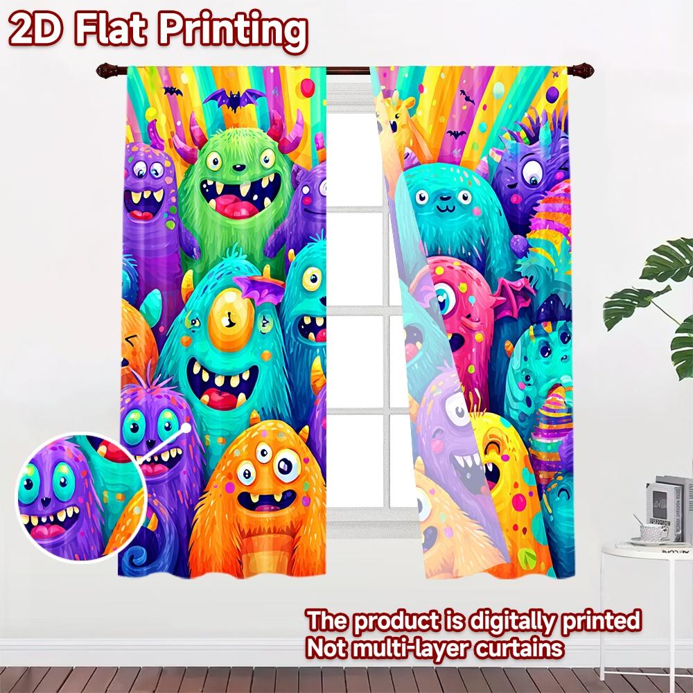 2D flat printing 2pcs Window Curtains Cute Colorful Monsters Digital Printed Polyester Drapes Festive Wall Decor Perfect for