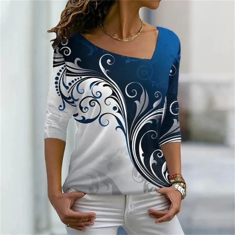 

Универсальная повседневная футболка с цветочным принтом и цифровым принтом, забавная, модная, сексуальная, с диагональным воротником, женская, повседневная, с длинным рукавом, женская, удобная 4XL