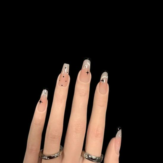 High-Grade Black Cat Eye Polka Dot Manicure with Pure Handmade French Bow Thousand Gold French Style - [Short Ladder]