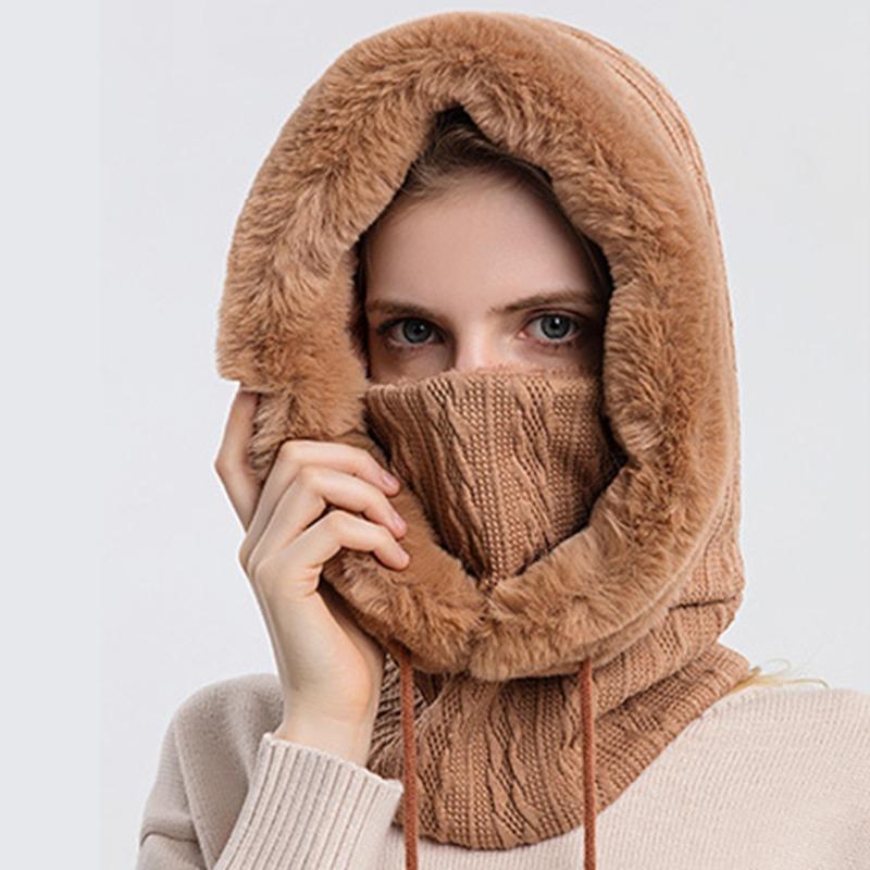 Winter Fur Cap Mask Set Hooded For Women Knitted Cashmere Neck Warm Russia Outdoor Ski Windproof Hat Thick Plush Fluffy Beanies