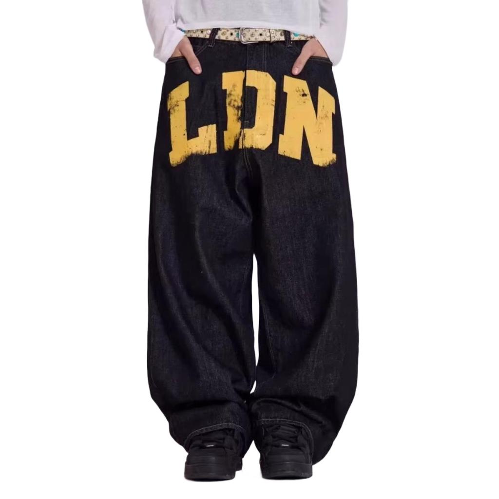 LUXEON Americké Vintage Džíny s Potiskem Písmen Dámské Černé Gotické Y2k Volné Džínové Kalhoty Módní Hip Hop Široké Nogavice Ležérní Streetwear