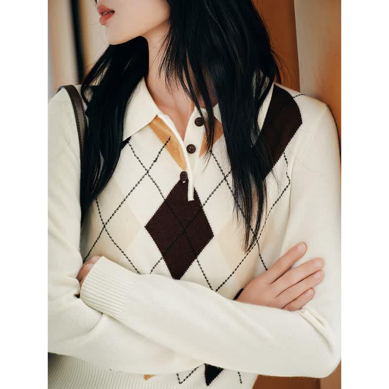 JUZI ANNACCO Vintage Argyle Lapel Knit Sweater