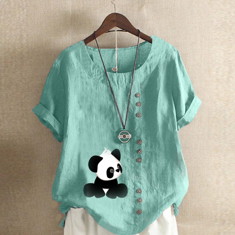 Women's Fashion Round Neck Short Sleeve T-shirt Casual Cotton Linen Graphic Shirt Panda Prined Summer Blouse Tops