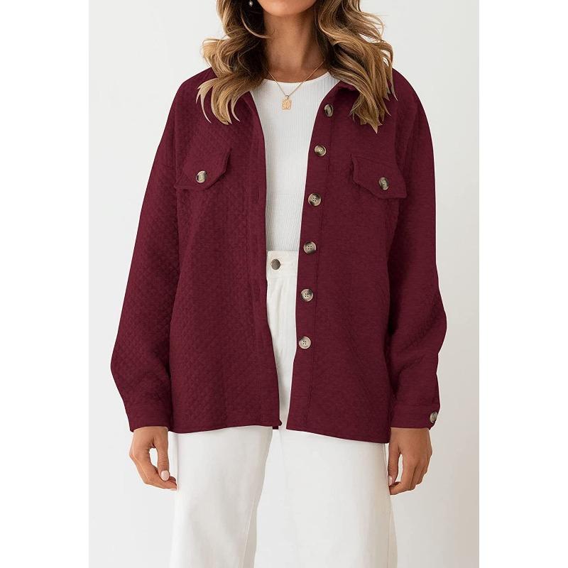Womens Solid Color Diamond Pocket Casual Buttoned Collared Jacket