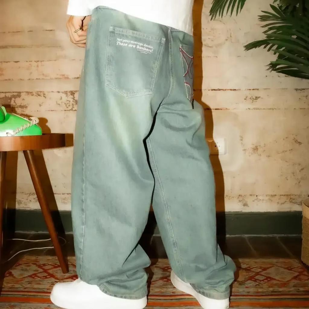 Streetwear Y2K Hip Hop Retro Blue Loose Jeans Harajuku Jeans Men's Pants High Waist Loose Letter Embroidered Trousers