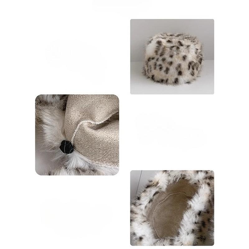 Winter cold and warm ear protection plush versatile leopard print showing face small bucket hat woman