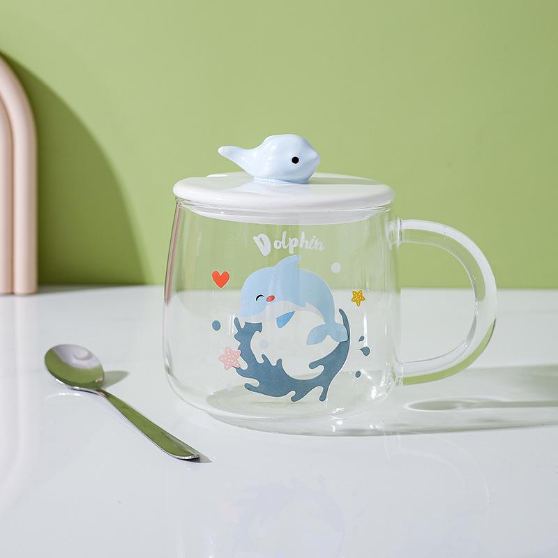 Heat Resistant Glass Cup Nordic Mug Home Office Couple Dolphin Cup Milk Coffee Cup with Lid Spoon