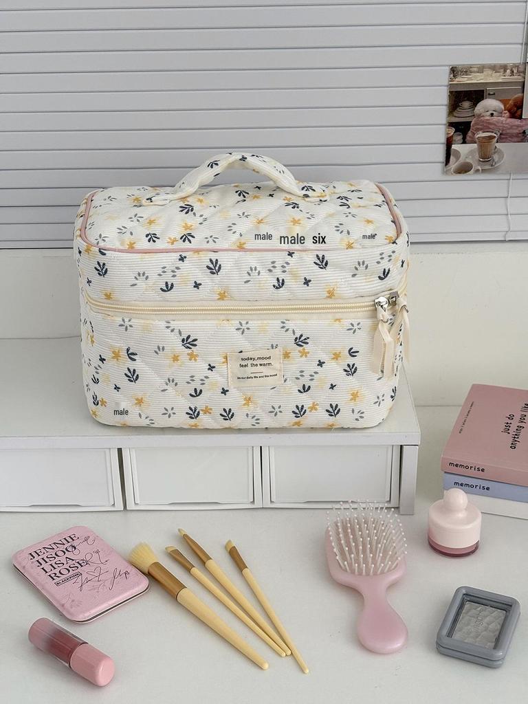 Cross-Border Floral Yellow Corduroy Makeup Bag - Autumn Fresh Travel-Friendly Storage