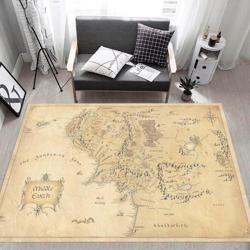 3D Mittelerde Karte Teppich, Detaillierte Berg-Fluss-Topographie auf Antik-Beigem Teppich, Vintage Fantasy Fußmatte für Bibliothek Arbeitszimmer