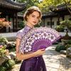 Chinese Style Flower Folding Fan with Faux Pearl Tassel Portable Plastic Ribs Hand Fan Women Dance Performance Props Party Favors
