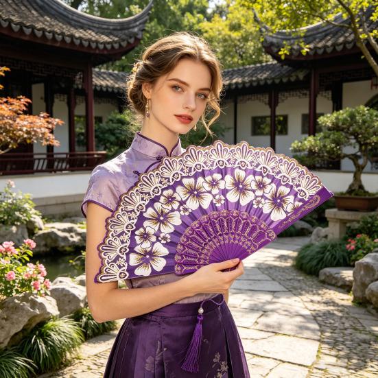 Chinese Style Flower Folding Fan with Faux Pearl Tassel Portable Plastic Ribs Hand Fan Women Dance Performance Props Party Favors