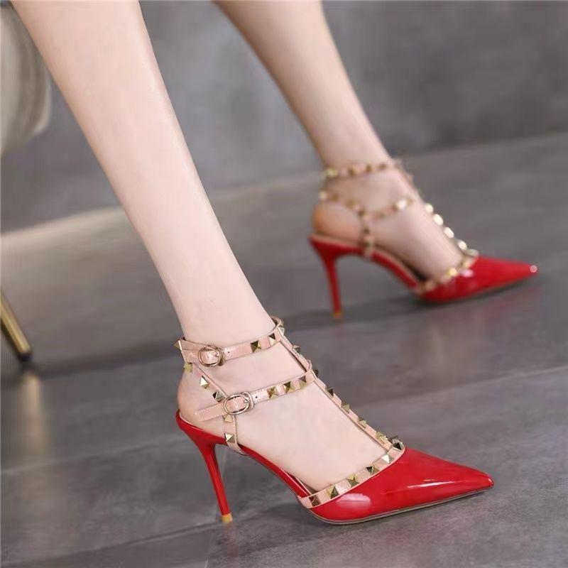 High Heels Women's Large Size French Pointed Single Shoes New Rivet Shoes Pure Desire Straps Three-ring Sandals Women