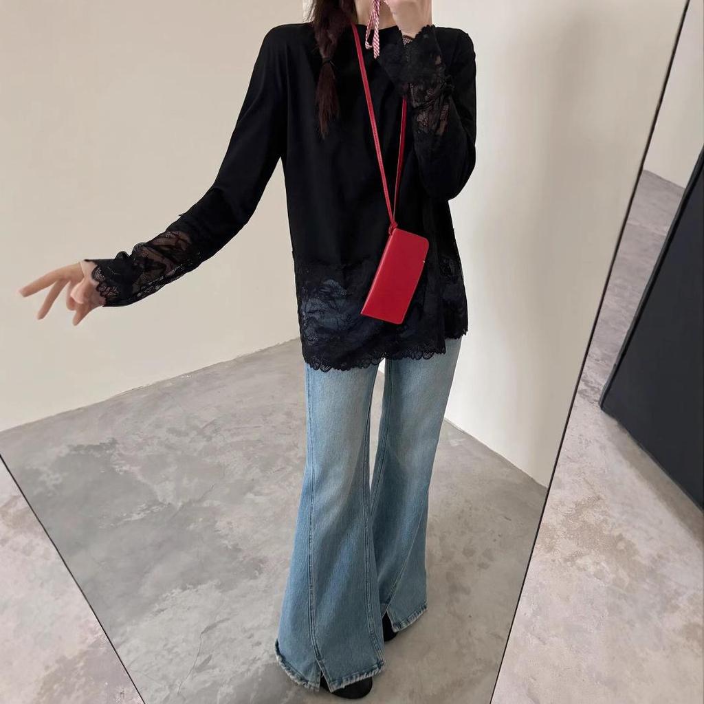 Women's Lace Crochet Patchwork Long Sleeve Casual Top - Summer/Autumn 2025