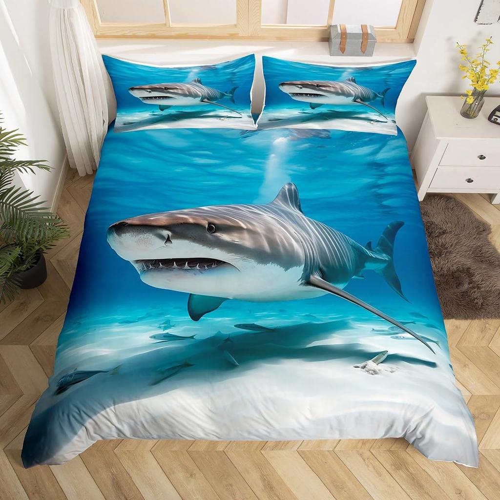 Shark Duvet Cover Queen Marine Life Comforter Cover Blue And White Cartoon Shark Bedding Set Nautical Ocean Theme Quilt Cover