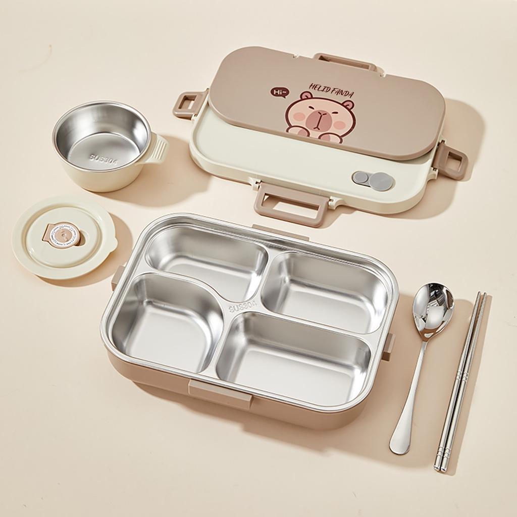 4/5 Grids Cartoon Lunch Container With Tableware 4/5 Compartment Portable 304 Stainless Steel Bento Lunch Box For Kids Students