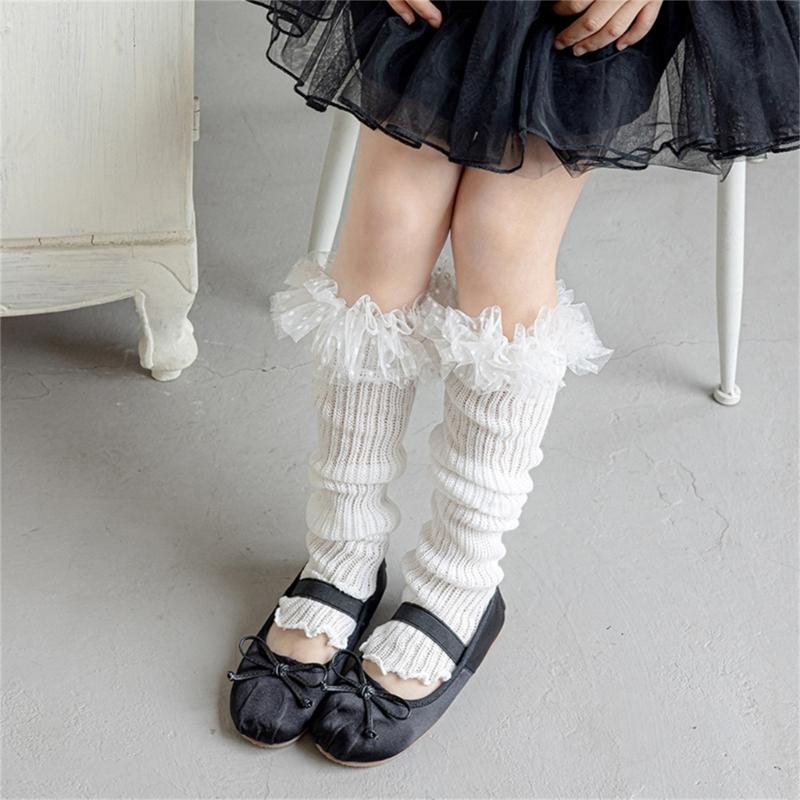 Breathable Cotton Lace Socks for Kids Age 3-13 Years Soft & Comfortable Elastic Leg Warmer with Dot Tulle