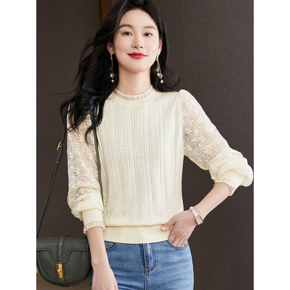 New Spring Women's Lace Lantern Sleeve Hook Flower Hollow Knitted Shirt Thin Edition Ear Collar Short Edition Bottom Top