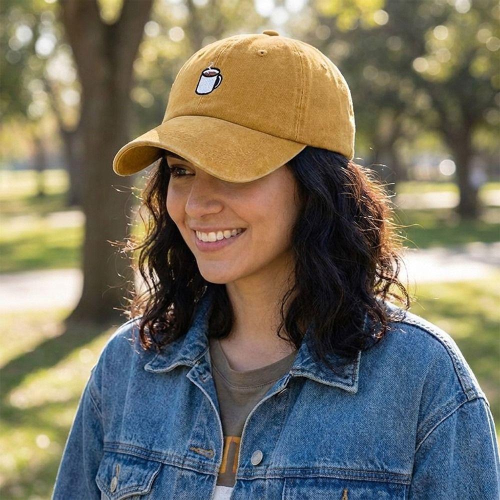 Washed Cotton Baseball Cap Embroidered Coffee Cup Sun Hat Retro Dad Hat  Unisex