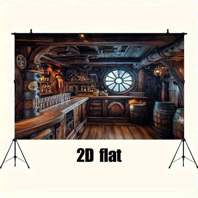 2D Banner Retro Pirate Ship-themed Background Cloth with Wooden Barrel and Nautical Wheel Designs, Event Decoration