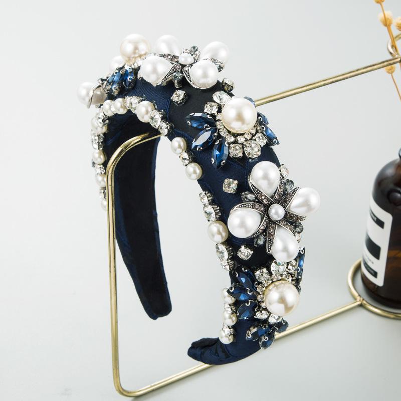 

Повязка для волос в стиле барокко, тяжелая промышленность, повязка на голову с кристаллами и жемчугом, женская, с широким краем, украшение для волос