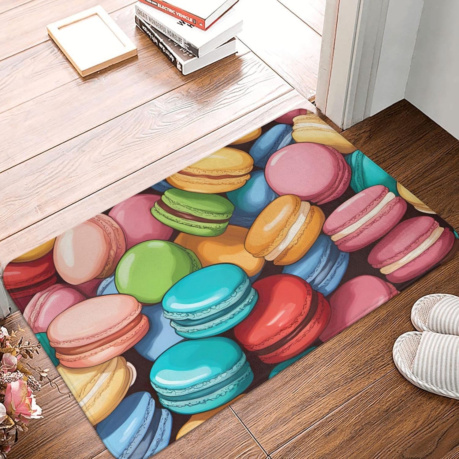

Macaron Biscuit Flavored Print Front Door Rug for Indoor Outdoor Entrance,Welcome Mat with Flannel Fabric 40x60cm