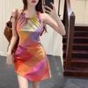 Women Summer Rainbow Plaid Tie Strap Bodycon Mini Dress