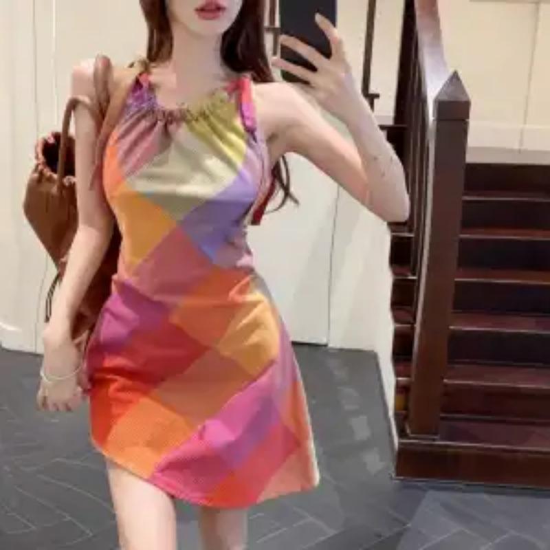 

Women Summer Rainbow Plaid Tie Strap Bodycon Mini Dress S