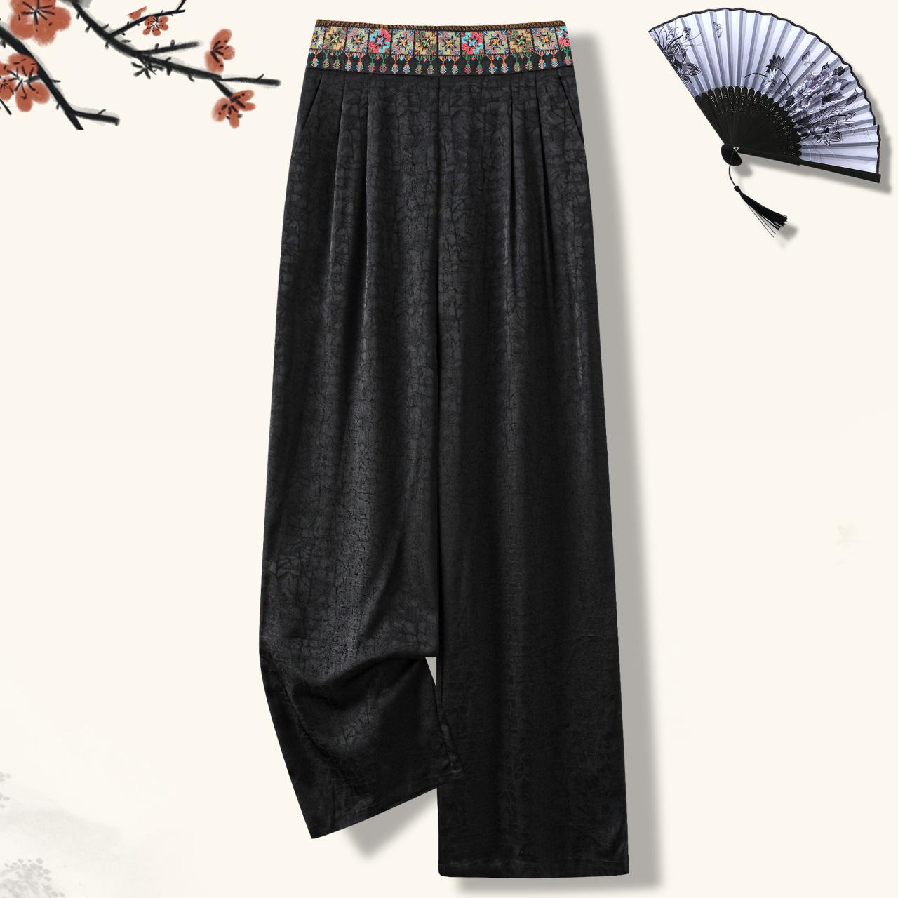

Retro Versatile Elastic Waist Straight Leg Drape Pants for Women - Chinese National Style XL (90-110 jin recommendation) чёрный