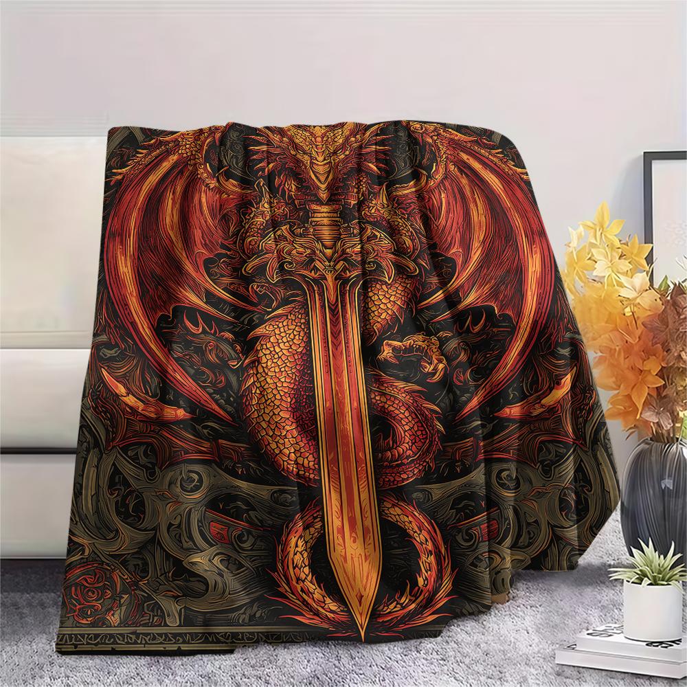 Sword and Dragon Print Flannel Blanket,High quality Comfortable for All Seasons,Home Decor,Warmth and Comfort,Perfect for Christmas Gifts