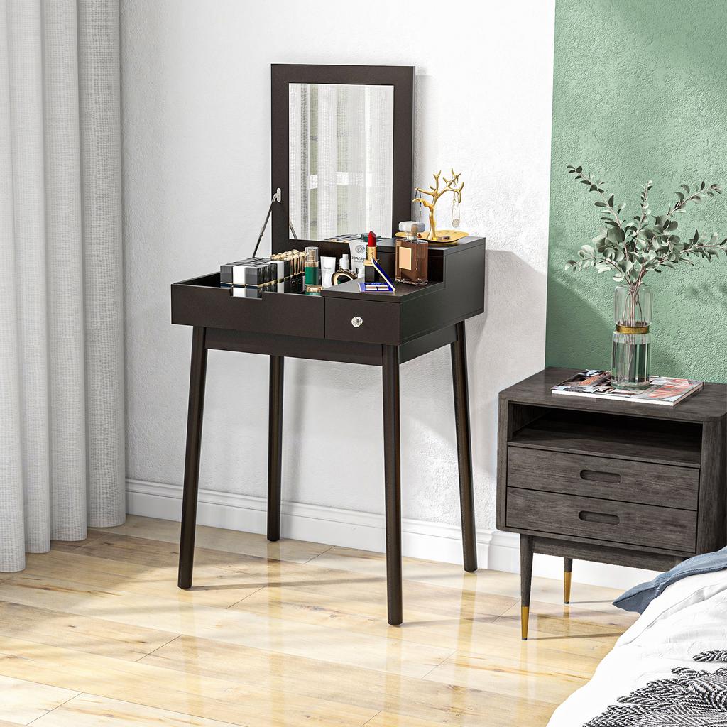 Dressing Table with Flip-up Mirror, Makeup Desk with 2 Drawers and Pine Wood Legs, Vanity Table Writing Desk for Bedroom Living Room, Black
